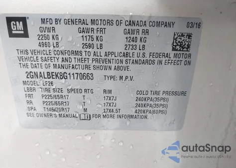 2016 Chevrolet Equinox Ls из США, поврежденный, VIN 2GNALBEK8G1170663